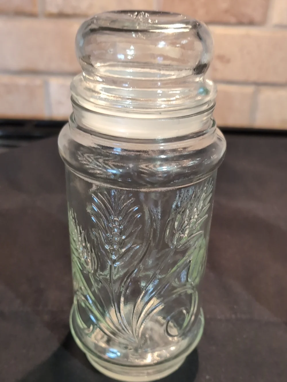 Two (2) 1982 Mr. Peanut Storage Glass Jars With Lids Wheat Stalk Design 8.5